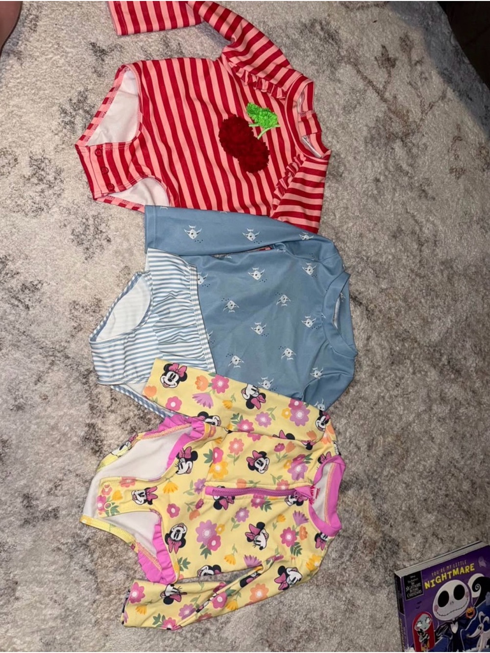 4-Pack Baby Girls Rash Guard Swimsuits - Red Stripe, Blue, Yellow Minnie